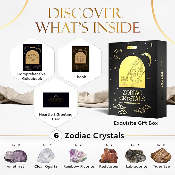 Wyspell Pisces Crystal Set - 6 Raw Pisces Crystals and Healing Stones - Pisces Gifts for Women - Birthday Gifts for Women - Astrology Gifts for Women - Zodiac Crystal Set - Healing Gifts