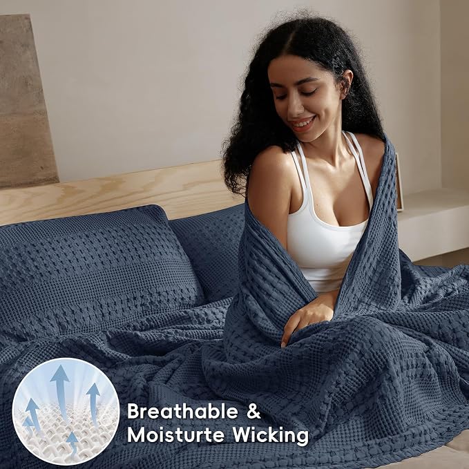 PHF 100% Cotton Waffle Blanket Twin Size, Lightweight Breathable Summer Blanket for Hot Sleepers, Pre-Washed Soft Layer for Bed, Dorm, Couch & Guest Room, Home Decor Gift, 66"x90", Indigo