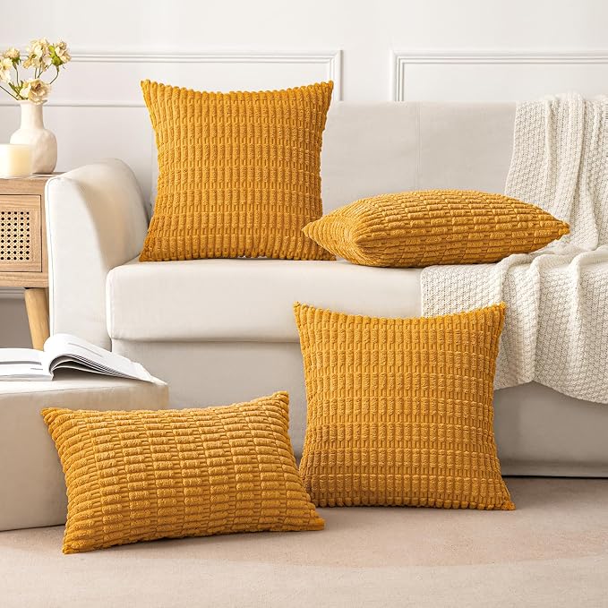 MIULEE Corduroy Decorative Throw Pillow Covers 18x18 Gold Yellow Pack of 2 | Soft Boho Striped Pillow Covers Modern Farmhouse Home Decor For Sofa Living Room Couch Bed
