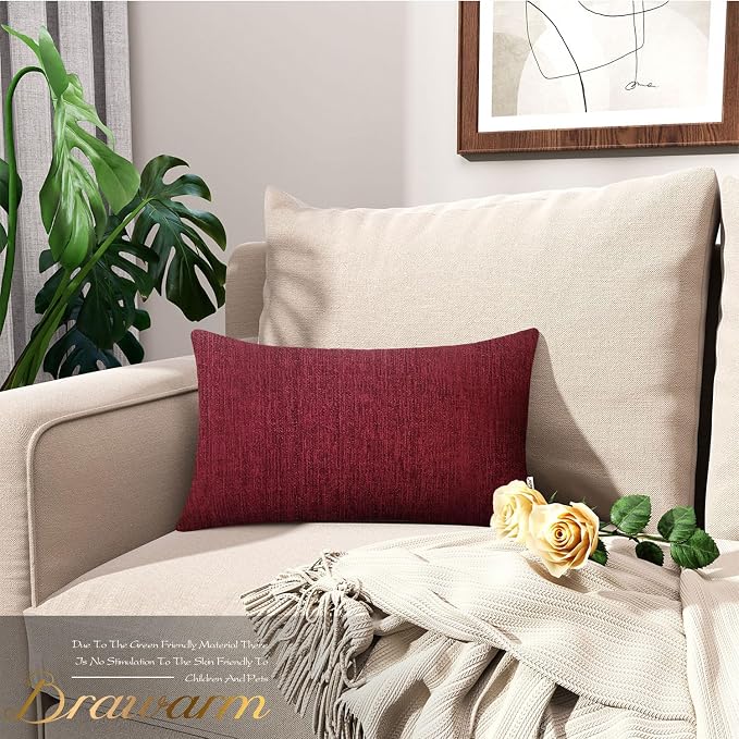 BRAWARM Throw Pillow Covers 12x20 Inches - Burgundy Chenille Lumbar Pillow Covers Pack of 2, Solid Dyed Soft Chenille Pillow Cases for Couch Sofa Bed Home Decoration