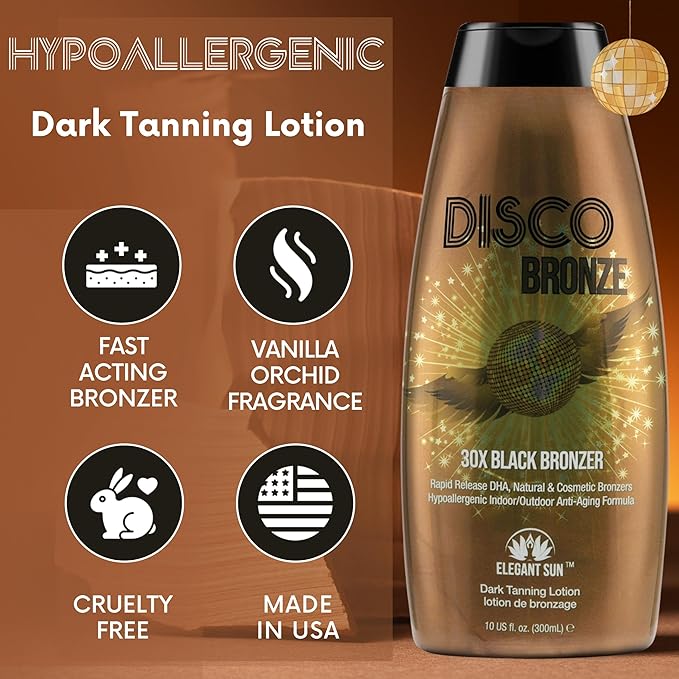 Disco Bronze Tanning Lotion with Bronzer – Bronzing Accelerator 30X DHA Indoor/Outdoor Tanning Bed Lotion for Men & Women, DHA Self Tanner, Skin Firming Ingredients, Hypoallergenic, Get Dark Fast