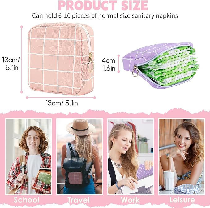 Period Bag Pouch Soft Cloth Sanitary Napkin Storage Bag Portable Menstrual Pad Pouches Tampon Holder for Purse First Period Kit for Girls 9-12 (Purple-White Check)