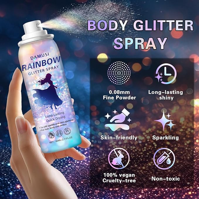DAMUSI Silver Body Glitter Spray, Shiny Hair and Body Glitter Spray for Clothes, Holographic Glitter Hairspray Quick-Drying Long-Lasting Shimmer Highlighter Powder for Festival Concert Party Rave Prom