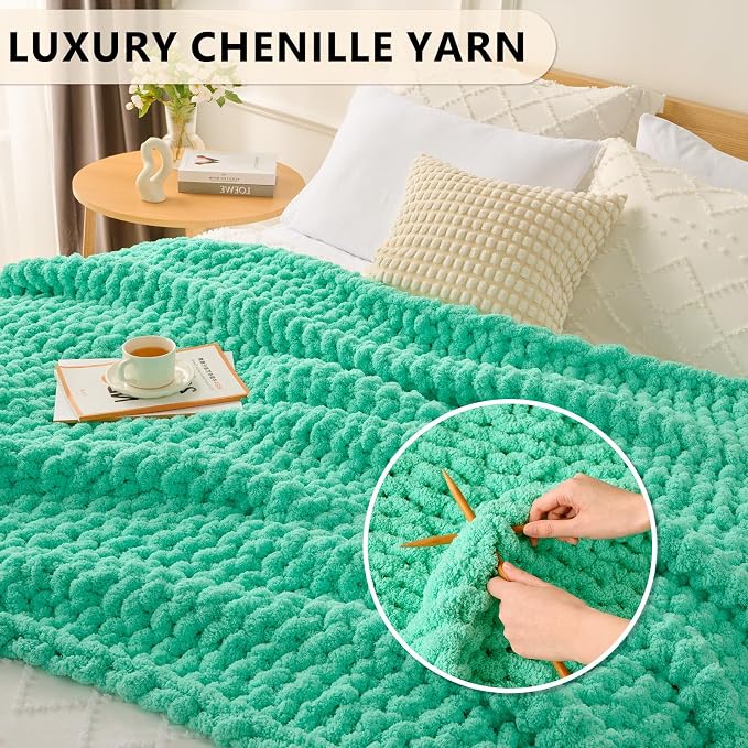 L'AGRATY Chunky Knit Throw Blanket for Couch, 50'' x 60'' Knit Throw, Aqua | Handmade Chenille Crochet Blanket for Sofa Bed, Thick Cable Knitted Blankets for Room Home Decor, Birthday Gift for Women Mom