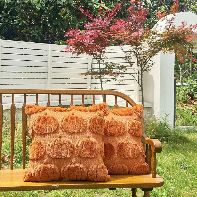 Pack of 2 Best Gift Happy Fall Y'all Pumpkin Fluffy Soft Decorative Throw Pillow Covers Cushion Case for Bed Couch Sofa Farmhouse Square 18''X18'inches (Pumpkin)