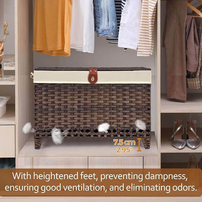 Wicker Storage Basket with Lid, 105L Shelf Basket with Removable Liner Bag | Rattan-Inspired Woven Design, Elevated Feet, Storage Trunk for Wardrobe, Bedroom & Home Organization