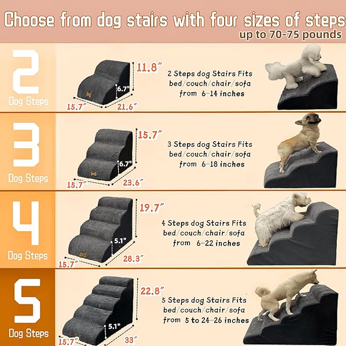 3-Step Pet Stairs for High Beds & Couches, Multi-Step Non-Slip Pet Steps with Balanced Ramp, Indoor 2/3/4/5 Steps for Small Large Cats & Pets, Anti-Slip Stickers Included, 33D Grey