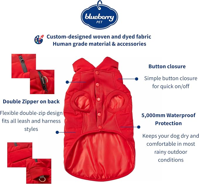 Blueberry Pet Cozy & Comfy Dog Coat – Waterproof Quilted Winter Jacket in True Red, Warm Outdoor Wear for Small & Medium Dogs, Size 14"