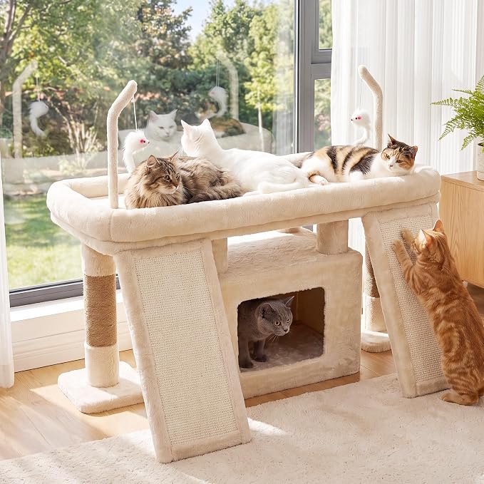 Heybly Cat Tree Extra-Long & Stable 2 Adjustable Scratch Boards HCT210SMJ | Easy-Climb Cat Tower with Dual-Leg Floor Condo, Sturdy Cat Furniture with Extra Wide Platform & Interactive Toys, Beige