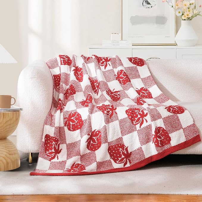 Snuggle Sac Starwberry Throw Blanket for Couch, Microfiber Fluffy Warm Cozy Fuzzy Reversible Checkered Blankets for Sofa, Chair, Bed, 50x60 inches