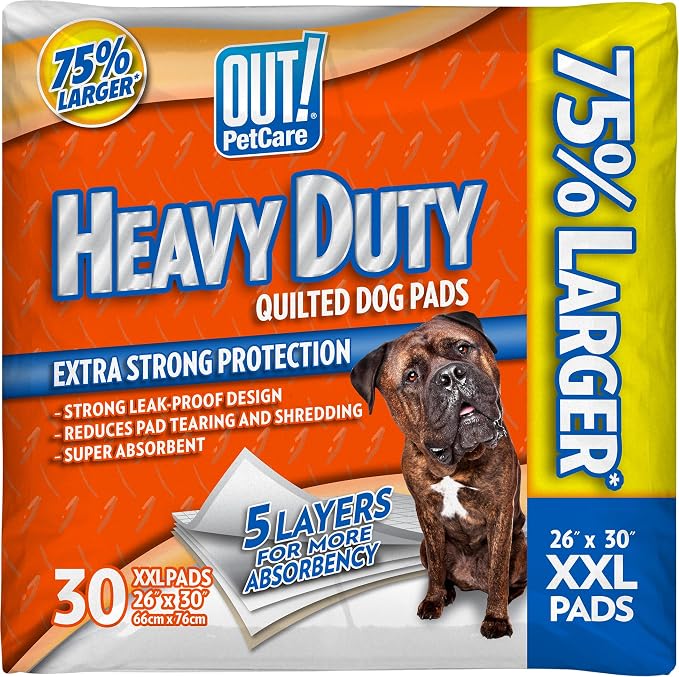 OUT! PetCare XXL Puppy Pads, Heavy Duty Pee Pads for Dogs, 26x30, 30 Count | Dog Pee Pads, Leak Proof, Potty Training, Housebreaking, Heavy Duty, Dog Training Pads, Extra Large, Puppy Essentials