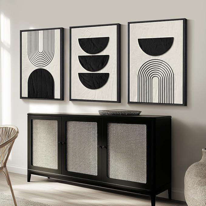 Framed Boho Wall Art for Living Room, Large 3 Piece Neutral Geometric Black and Beige Abstract Pictures Wall Art Decor, Farmhouse Vintage Artwork Home Decor for Hallway Office Guest Room 24x36 Inch
