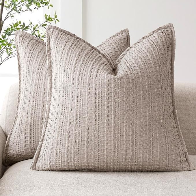 Foindtower Set of 2 Decorative Cotton Waffle Weave Throw Pillow Covers Euro Shams Cushion Covers Accent European Pillowcase for Bed Couch Sofa Bedroom Living Room Home Decor 24×24 Inch Tan Beige
