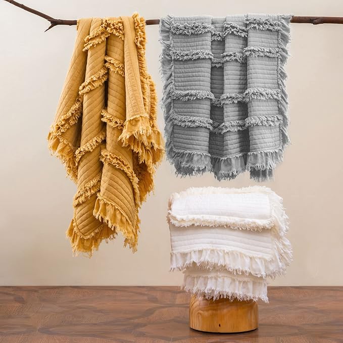 Ultra Soft Pre-Washed Warm Quilted Throw Blanket, Ruffle Fringed Yellow Boho Decorative Throw, Stone Washed Chic Rustic Blanket for Sofa Couch Bed Chair, 50"x 60"