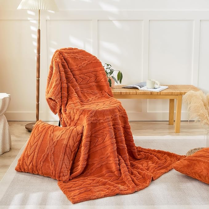 YUSOKI Sherpa Fleece Large Throw Blanket, Burnt Orange, 50"x65" | 3D Stylish Design,320GSM, Non-Shedding, Lightweight for All Season Use, stays fluffy after repeated washes, Perfect Gifts