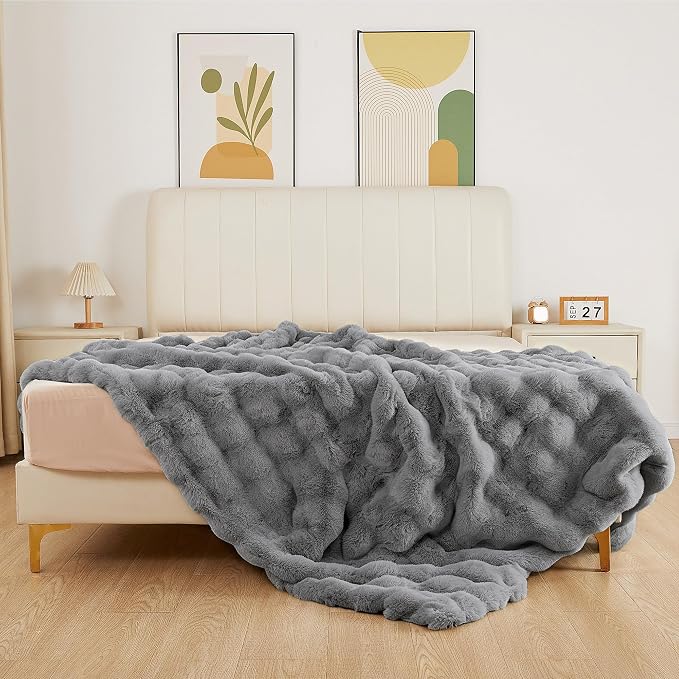 ORINOVA Grey Throw Blanket for Couch Soft Fuzzy Faux Fur Bubble Fluffy Plush Blankets for Women Sofa Accent Warm Cozy 50x60 Blanket for Living Room Bedroom Home Decor