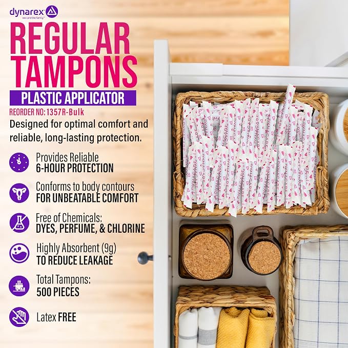 Dynarex Regular Tampons - Feminine Hygiene Product with Plastic Applicators for Common Areas - 6 Hours Protection 500Pcs. Per Box