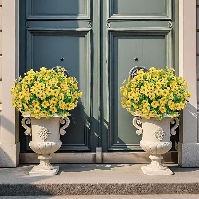 24 Pcs Artificial Flowers for Outdoors Decorations, Yellow | Lifelike silk flowers, UV resistant, faux plastic plants, for garden porch window table vase home indoor outdoor decor