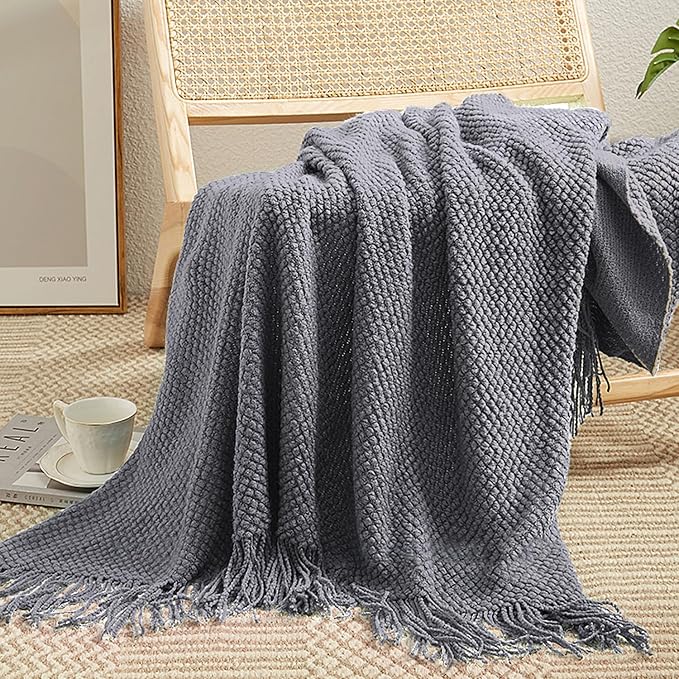 LOMAO Knitted Throw Blanket with Tassels Bubble Textured Soft Lightweight Throws for Couch Cover Home Decor (Dark Grey, 50x60)
