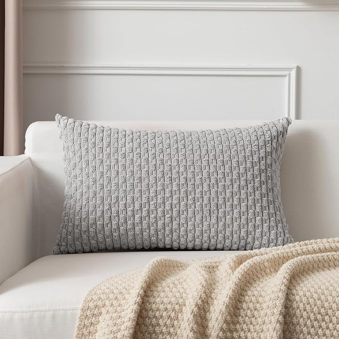 Kevin Textile Soft Corduroy 12"x20" Lumbar Pillow Cover 1 Pack, Light Grey | Boho Stripe Plush Corduroy Decorative Oblong Cushion Cover Modern Farmhouse Home Decor for Sofa Couch Bed Chair