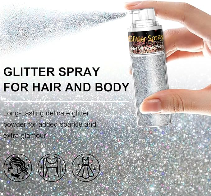 Hair and Body Glitter Spray, 1PC Silver Glitter Hairspray Dry Powder Makeup for Clothes, Festival Rave Prom Loose Sparkle Powder,Holographic Ultra Fine Resin Glitters for Crafts (1PC Silver)