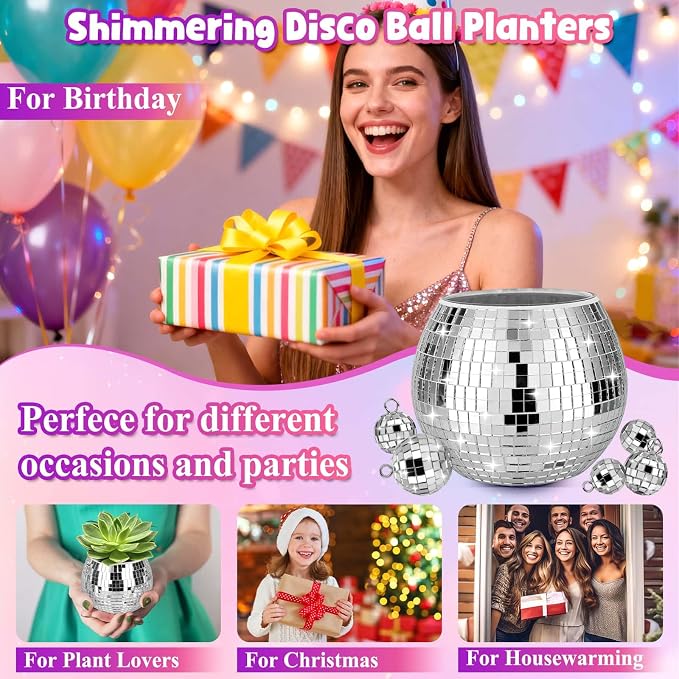 16 Pcs Disco Ball Vase Sets, 6 Pcs Disco Ball Vase Disco Ball Flower Vase & 10 Pcs Disco Balls with 3 Sizes, 3" X 4" Disco Ball Planter Candle for Wedding, Birthday, Party