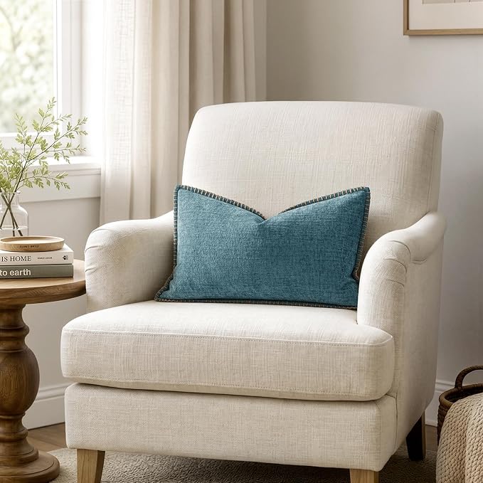 MIULEE Decorative Lumbar Throw Pillow Covers 12x20 Inch Smoke Blue 2 Pack | Farmhouse Pillow Covers with Stitched Edge, Soft Chenille Cushion Cases, for Couch Sofa Bed Living Room Home Decor