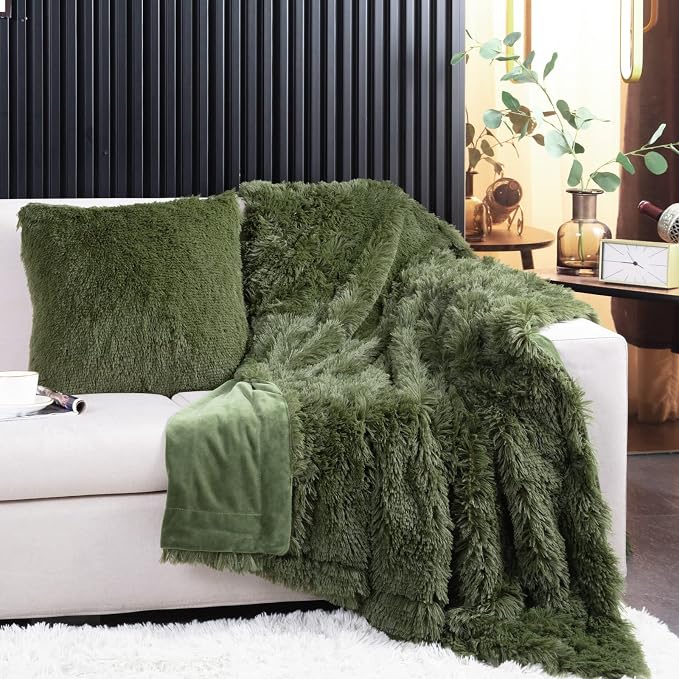 YUSOKI Long Faux Fur Twin Size Blanket, Olive Green, 60" x 80" | Ultra Soft, Lightweight for All Season Use, stays fluffy after repeated washes, Perfect Gifts, Machine Washable