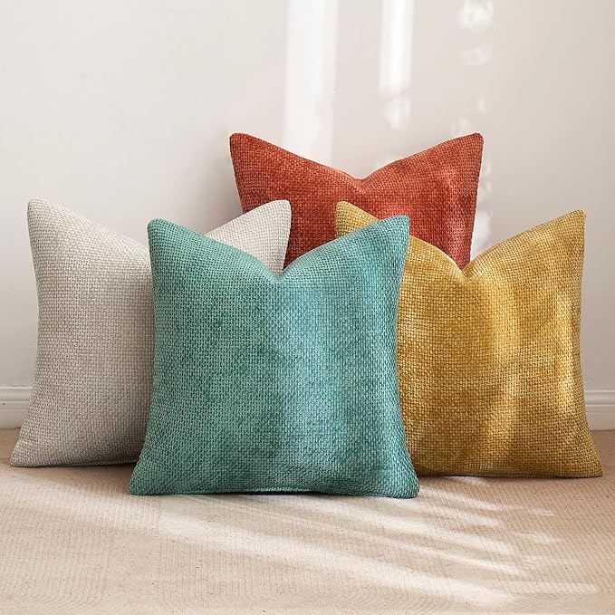 MIULEE Decorative Chenille Fall Pillow Covers Orange Teal 18x18 Pack of 4 | Rustic Home Decor, Retro Vintage Set, Couch Throw Pillows, Farmhouse Boho Cushion Covers for Sofa Bed Living Room