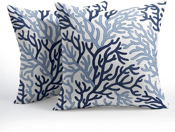 Nautical Coastal Coral Blue White Pillow Covers 16x16 Inch Set of 2 Summer Ocean Themed Beach Pillow Cases Outdoor Linen Square Cushion Cover Farmhouse Decor for Bedroom Home Sofa Couch Bed