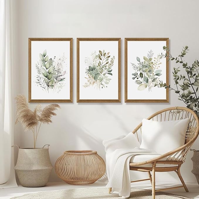 WRFON Framed Sage Green Botanical Wall Art Set of 3, Watercolor Eucalyptus & Wild Plant Canvas Prints, Minimalist Green Wall Decor for Living Room Bedroom Bathroom, 20x30 Inches