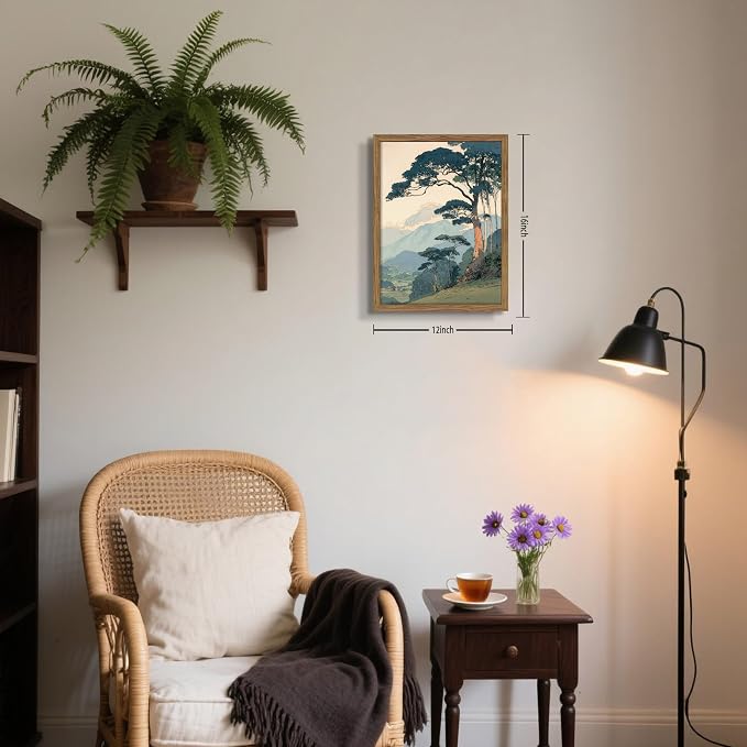 Vintage Japanese Forest Framed Canvas Wall Art – Tranquil Mountain Landscape Painting Print, Retro Nature Tree Scene Decor for Living Room Bedroom Nursery Office Home 12x16 inch