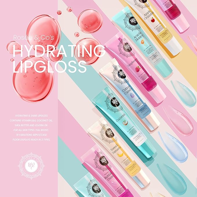 Rosee Lip Gloss Vegan & Cruelty Free Treatment, Professional Make up, Long Lasting Glossy with Shea Butter, Moisturize, Protect & Smooth, High Shine, Non-Sticky (n.Cotton Candy, 0.5)