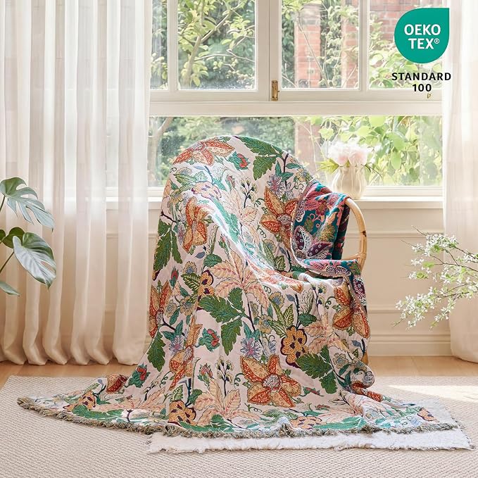 MSGKV Boho Throw Blanket 60"x80" Summer Cotton Floral Blanket for Twin | 100% Cotton Muslin, Botanical Throw Blanket, Reversible Weave, Soft & Breathable, Elegant Home Decor, Machine Washable