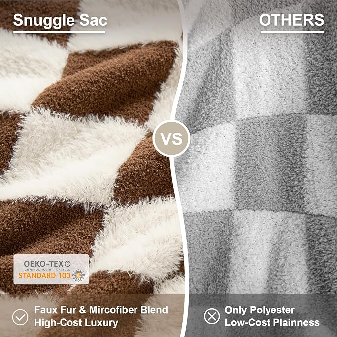 Snuggle Sac Brown Checkered Throw Blanket Faux Fur Microfiber Blankets for Couch,Cozy Soft Warm Blanket for Sofa Bedroom Living Room,Brown Checker,50x60 inches