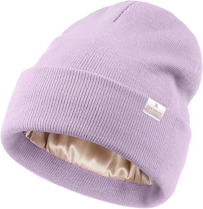 YANIBEST Satin Lined Beanie for Women Reduce Frizz Winter Hats for Women Men Silk Lining Soft Slouchy Warm Cuffed Less Static