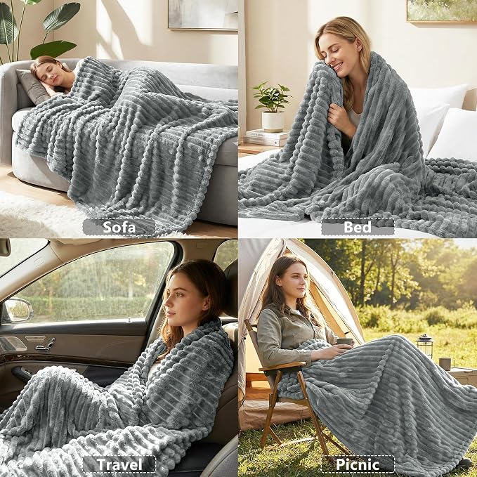 HIMEET Grey Full Size Blanket for Bed, 300GSM Ribbed Fleece, 84 x 90 Inches | Ultra Soft Flannel, All-Season Lightweight Warmth, Bed Layering & Home Room Decor, Gift for Men & Women, Machine Washable