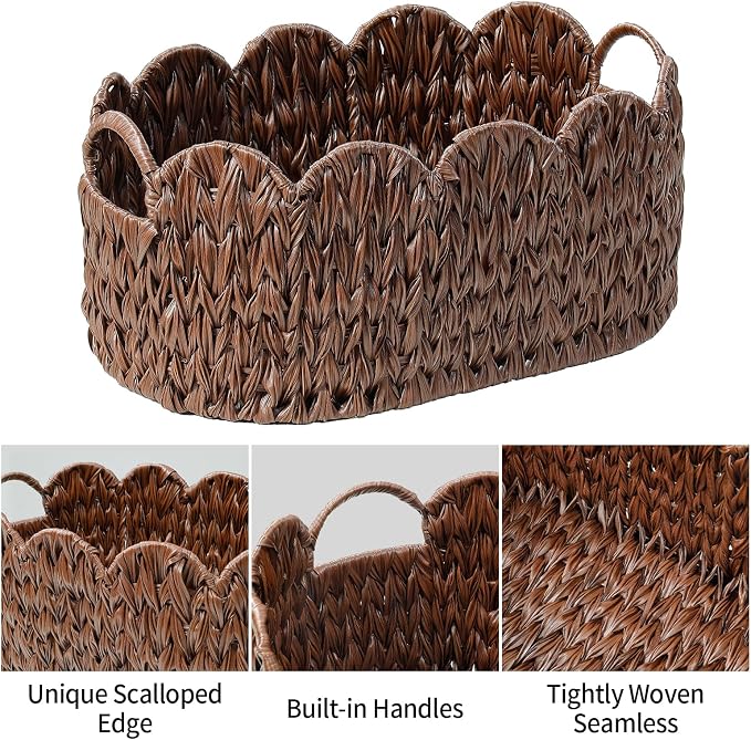 Coeusy Wicker Scalloped Basket Set of 2,Woven Storage Baskets for Shelves,Closet,Laundry,Gift,Towels,Books,Toys,Waterproof Cute Decor Basket for Organizing,Brown