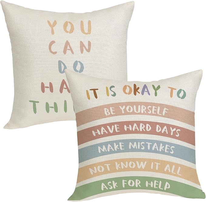 Boho Classroom Pillow Covers 18x18 Inch Set of 2 Preppy Throw Pillows Aesthetic Boho Rainbow Decor Inspirational Quotes Pillowcase Linen Outdoor Decorations Girl Kids Cushion Case for Bed Room
