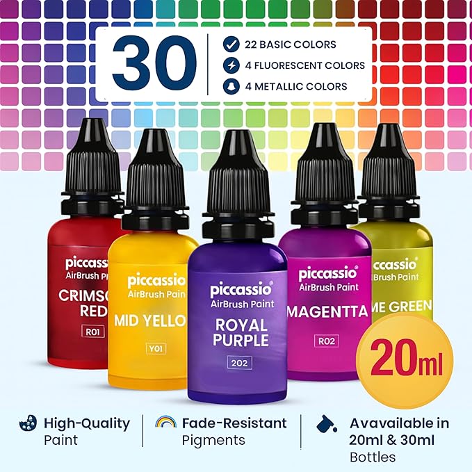 Airbrush Paint, 30 Water-Based, Quick-Drying Colors for Artists & Beginners, Ideal for Wood, Ceramic, Paper, Plaster, Canvas, Plastic (20 ml/bottle)