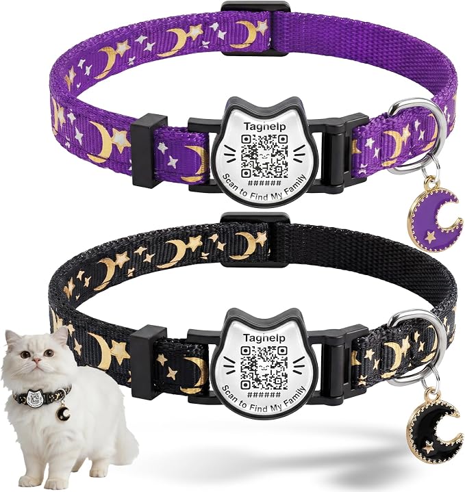 Star & Moon Breakaway Cat Collar with QR Code Tag (Black & Purple) | Reflective Nylon, Quick-Release Buckle