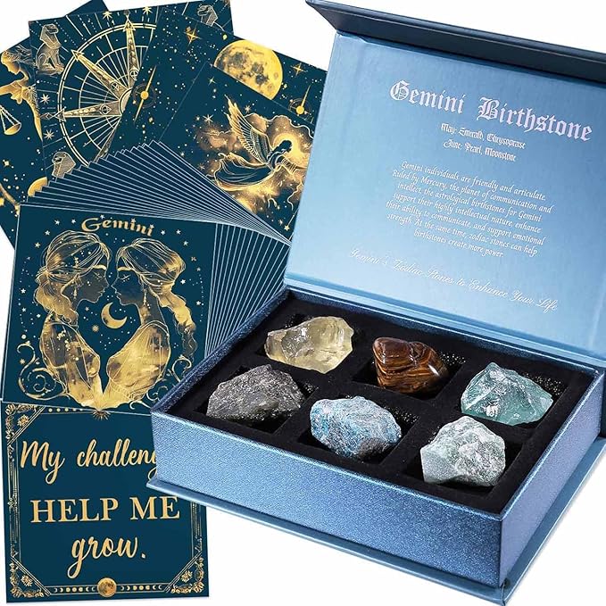 Faivykyd Gemini Crystals Gift for Women - 6 Gemini Zodiac Natural Stones w/50 Miracle Mantras Affirmation Cards, Healing Astrology Gifts for Motivation, Promote Positive Energy