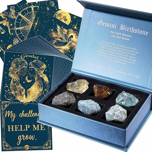 Faivykyd Gemini Crystals Gift for Women - 6 Gemini Zodiac Natural Stones w/50 Miracle Mantras Affirmation Cards, Healing Astrology Gifts for Motivation, Promote Positive Energy