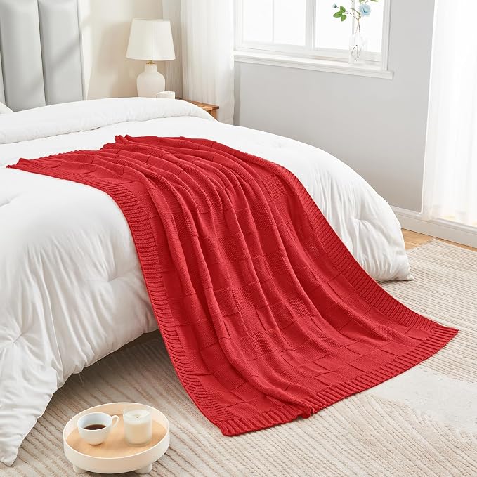 CozeCube Christmas Red Knitted Checkered Throw Blanket 60"X80" | Check Knit Throw for Couch, Decorative Christmas Soft Cozy Warm Blanket for Bed Sofa Living Room