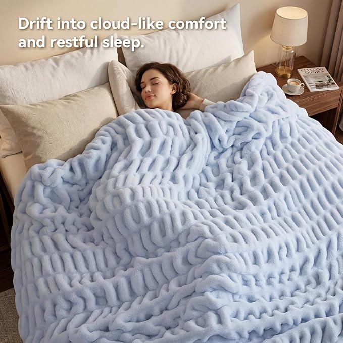 Light Blue Fluffy Blanket for Couch - Luxury Faux Rabbit Fur 60"x80" | Ultra Soft & Plush Comfort Ruched Blanket, Cozy Fuzzy Fleece Throw for Sofa, Bed & Office, Gift for Women, Blue Room Decor