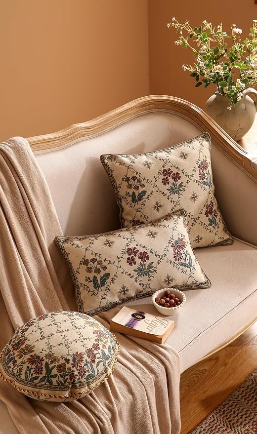 patdrea French Vintage Linen Throw Pillow Cover,12"x20",Set of 2-Audrey A | Decorative Pillow Case with Zipper,Brown Floral Pattern,Pillow Cover for Couch Living Room Bedroom Sofa