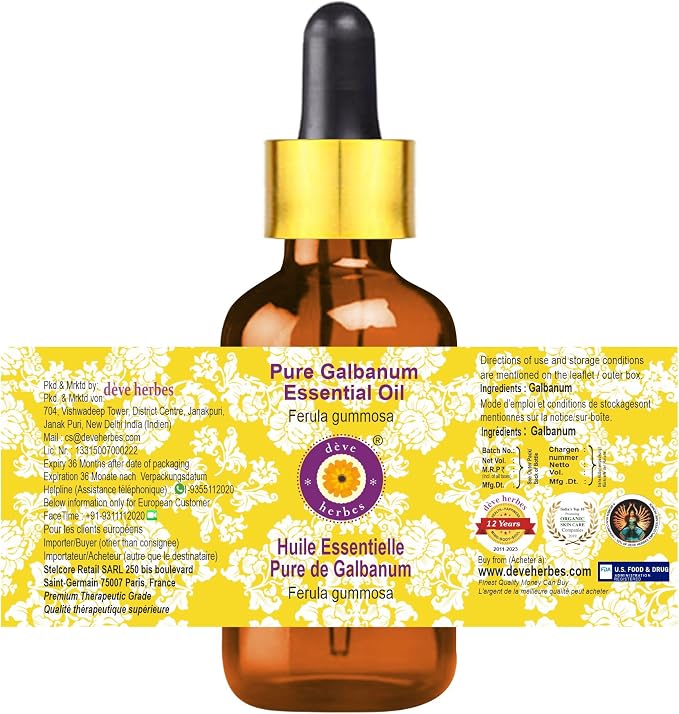 Deve Herbes Pure Galbanum Essential Oil (Ferula gummosa) with Glass Dropper Steam Distilled 10ml (0.33 oz)