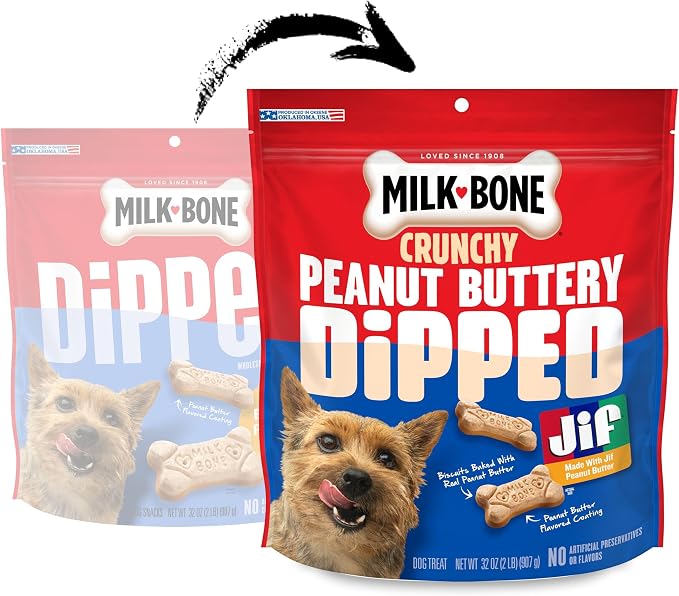 Milk-Bone Peanut Buttery Dipped Dog Treats with Jif Peanut Butter, 32 Oz. | 32-oz. bag, Dog biscuits baked with real peanut butter, Peanut butter flavored coating