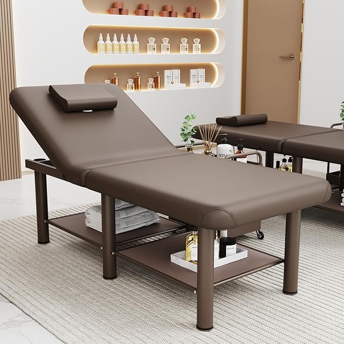 Folding Stationary Massage Table with Backrest and Storage Space, 6 Round Legs Metal Frame PU Leather, 30.5'' Wide × 75'' Long for Treatment Table Physical Therapy Table Spa Facial Bed, Brown
