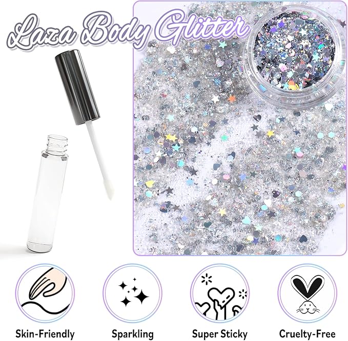 Laza Body Glitter, 2 Jars Holographic Chunky Sequins with Glitter Glue Perfect for Women Eyeshadow Makeup Face Paint Festival Rave Outfits Hair Accessories Carnival Party Costumes - Sliver Galaxy